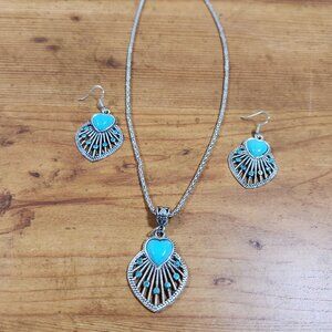 New Womens Costume Jewelry Necklace & Earrings Heart Tuquoise & Crystals